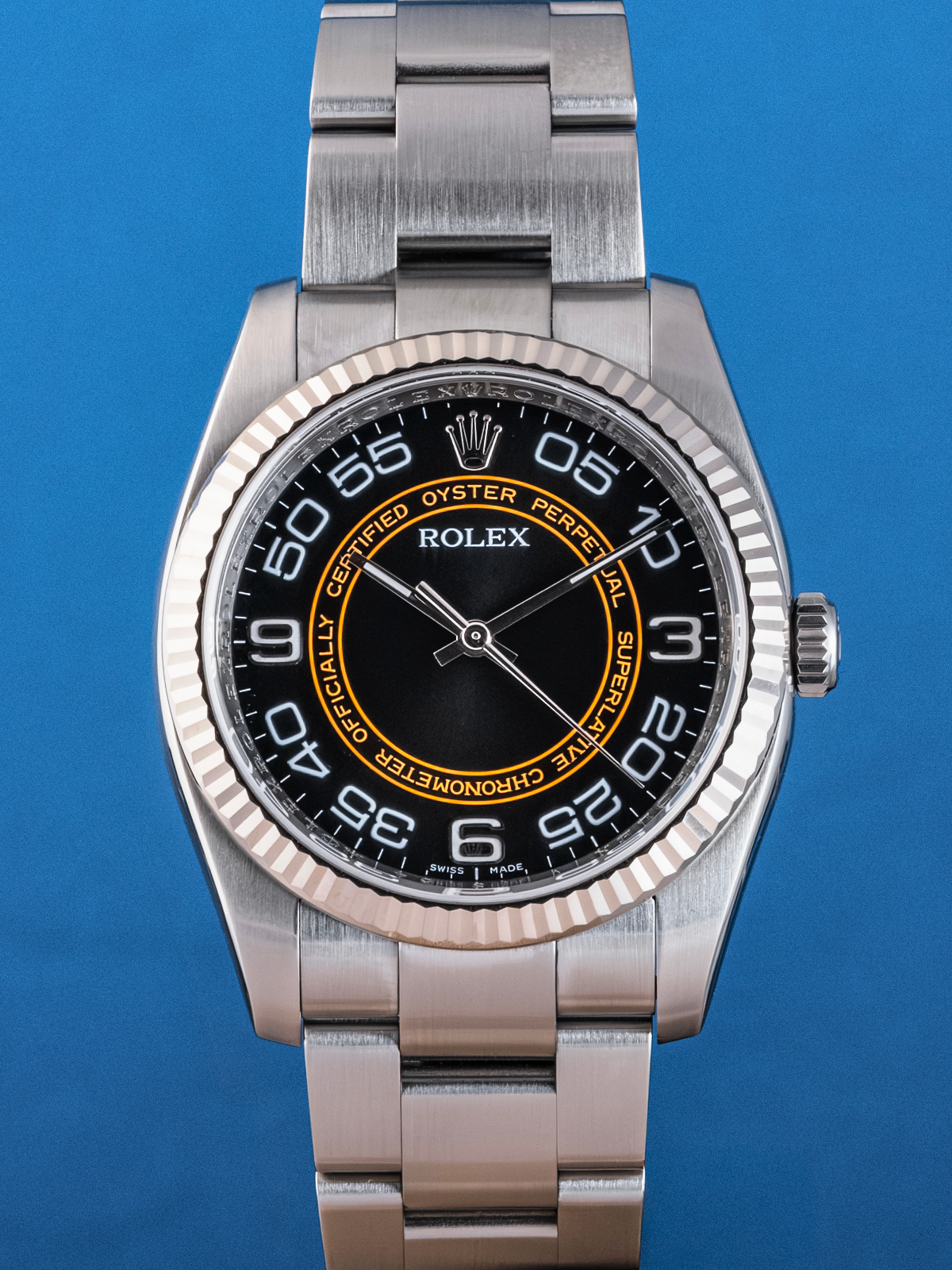 Rolex Oyster Perpetual "Harley Davidson" Bisel Estriado de Oro Blanco 36mm ref. 116034 de 2008